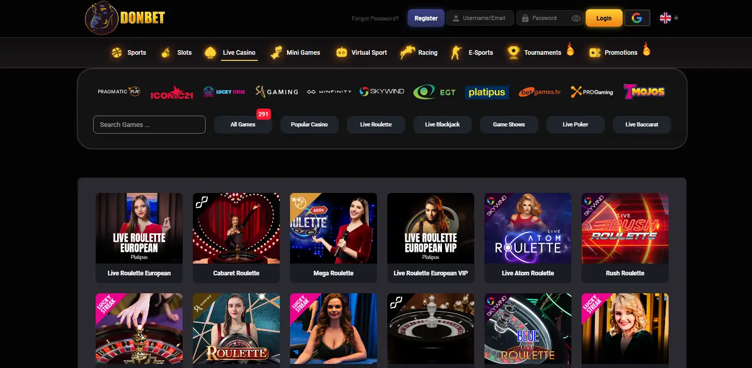 Donbet live casino lobby with current dealer-game categories