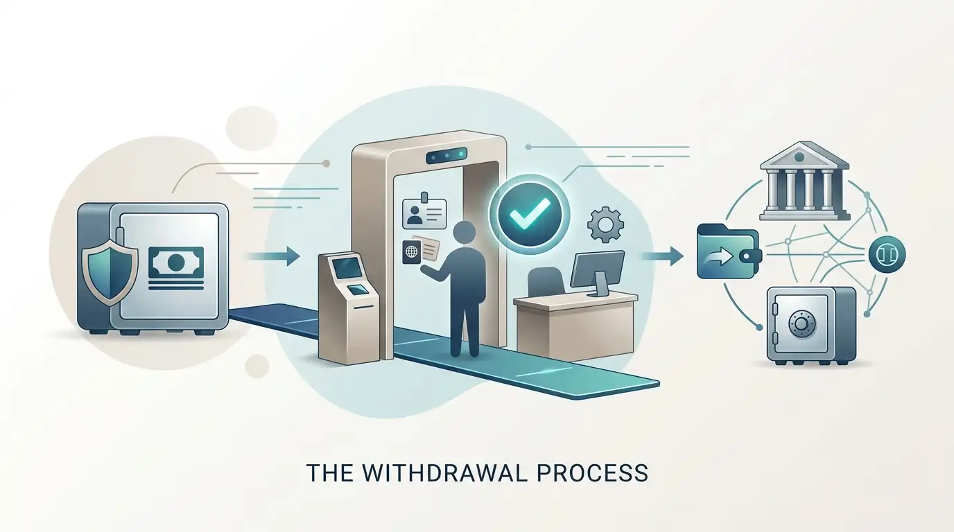 Editorial illustration of a withdrawal flow with balance, verification checkpoint and payment destination