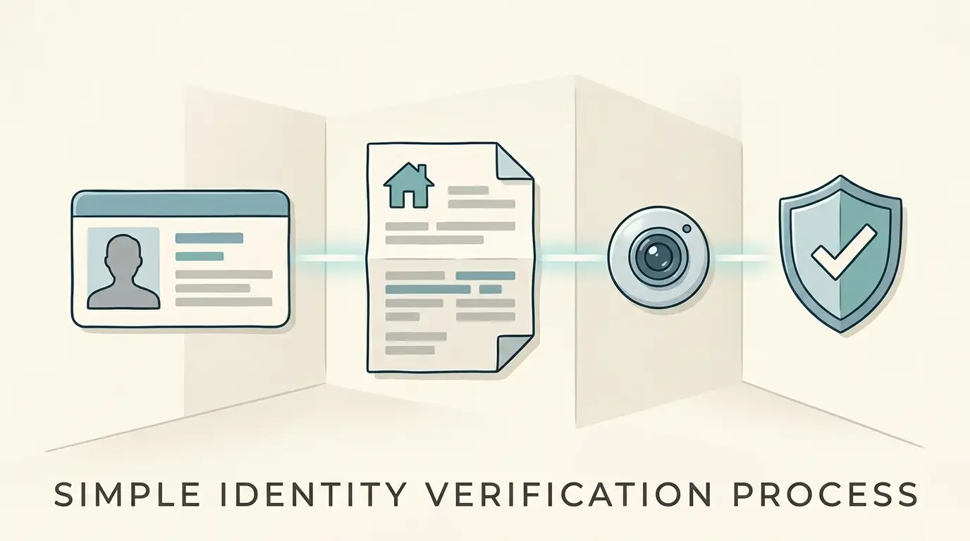 Generic identity verification illustration with ID, address document and shield symbols