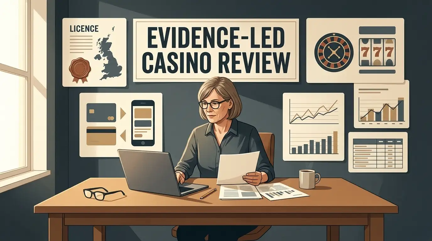 Editorial illustration of a UK reader comparing licence, payments, games and mobile access
