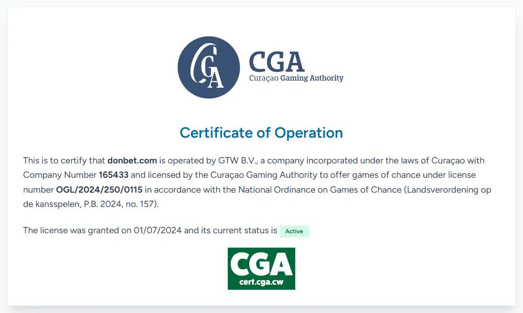 Curaçao Gaming Authority certificate details for donbet.com