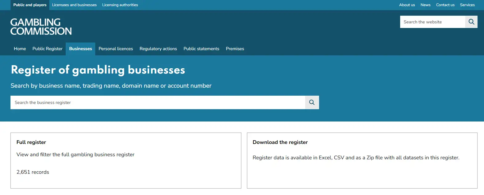 Gambling Commission business register results for Donbet and GTW B.V.